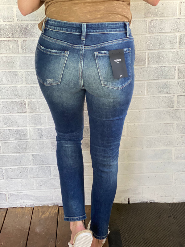 Mid Rise Distressed Ankle Skinny With Patch
